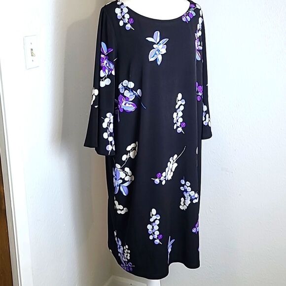 Roz & Ali Black Dress with Blue & Purple Floral, Bell Sleeves, Size 16 - Picture 1 of 8
